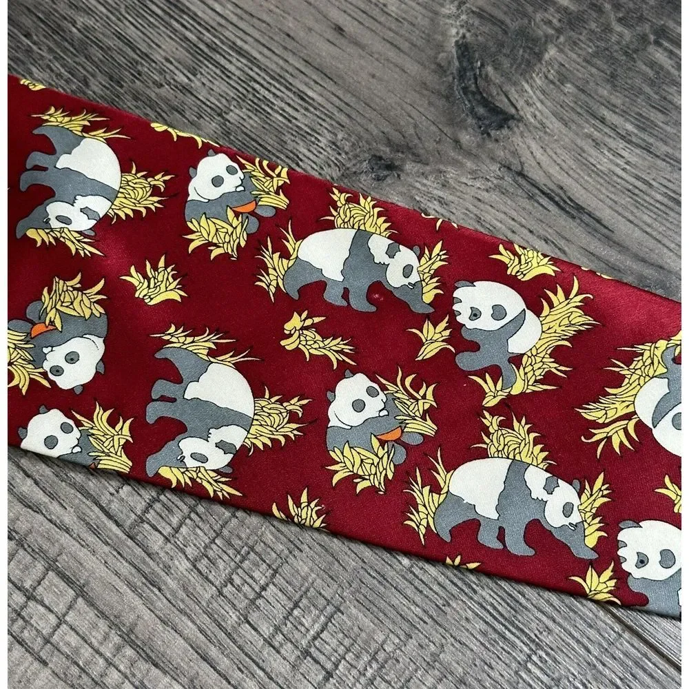 Kai Long  Panda Tie 100% Silk Hand‎ Made Burgundy Neck Tie